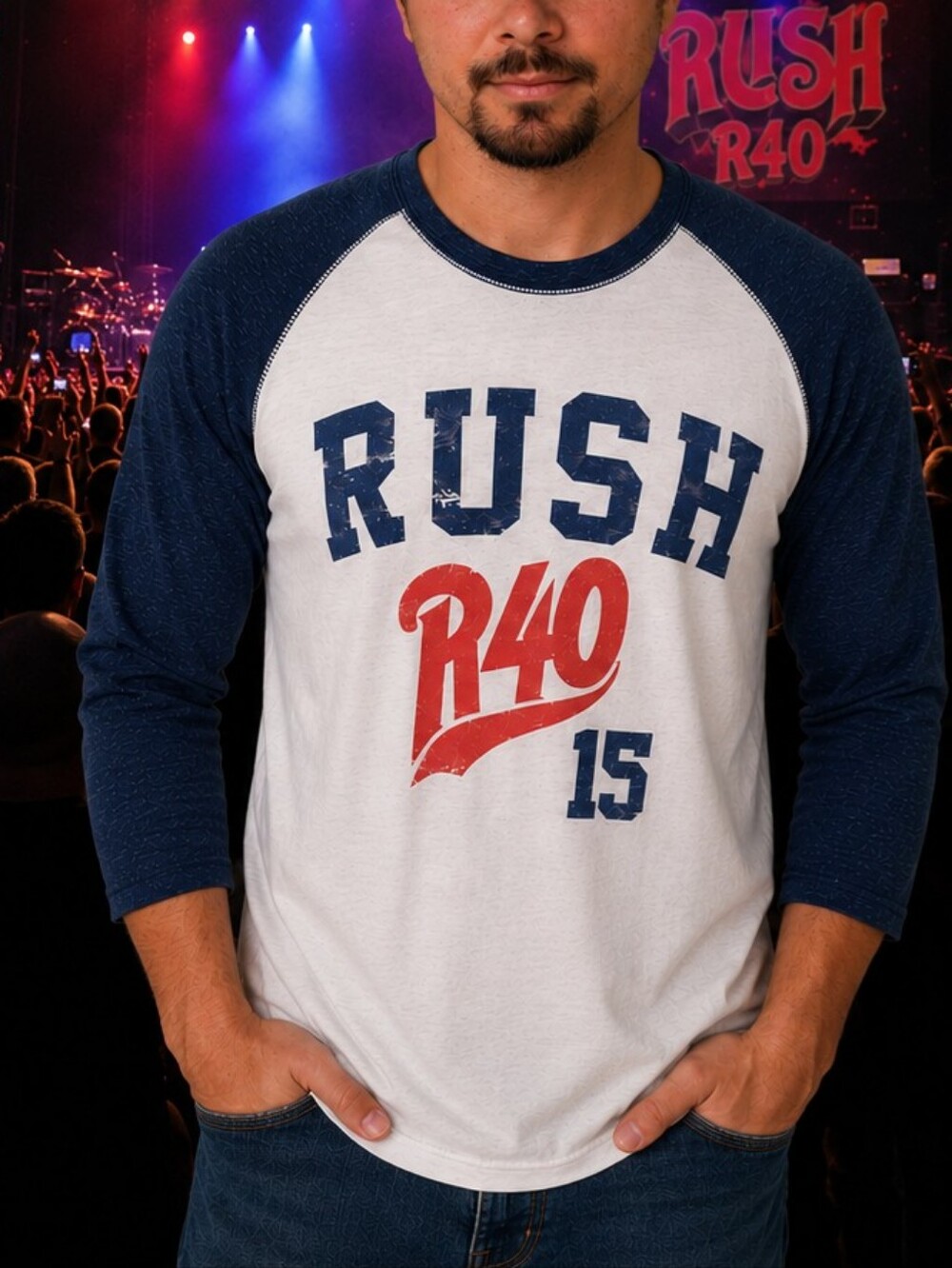 RUSH R40 2015 Men’s Raglan Baseball Concert Tee - Navy/White Sz LG